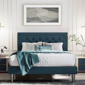 Adjustable Height Platform Bed Frame with Upholstered Headboard (Color: Blue, size: Queen)