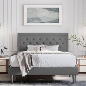 Linen Upholstered Platform Bed with Button-Tufted Headboard (Color: DARK GREY, size: Queen)