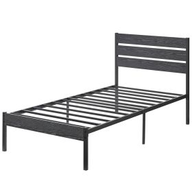 Industrial Platform Bed Frame with Wood Slatted Headboard (Color: Black, size: Twin)