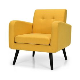 Mid-Century Modern Yellow Linen Upholstered Accent Chair with Wooden Legs (Color: Yellow)
