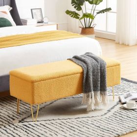 Sherpa Fabric Upholstered End of Bed Storage Bench with Gold Finish Legs (Color: Yellow)