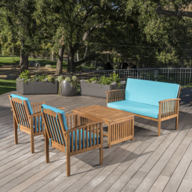 Outdoor Acacia Wood Sofa Set With Water Resistant Cushions, 4-Pcs Set, Brown Patina   Teal (Option: BrownTeal)