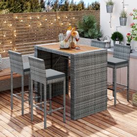 5-Piece Outdoor Patio Wicker Bar Set With Bar Height Chairs & Non-Slip Feet (Option: Gray)