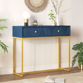 Modern Sleek Console Table Two Drawers with Stripe Design for Living Room and Entryway (Color: Navy, Material: MDF)