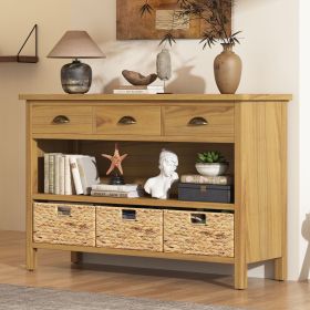Vintage Console Table with Drawers,Water Hyacinth Woven Baskets,Multi-Color Options,Ideal for Entryway and Living Room (Color: Natural, Material: MDF)