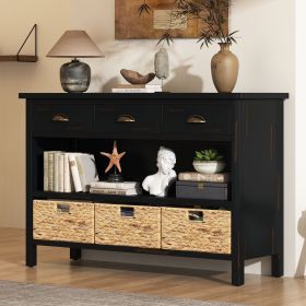 Vintage Console Table with Drawers,Water Hyacinth Woven Baskets,Multi-Color Options,Ideal for Entryway and Living Room (Color: Espresso, Material: MDF)