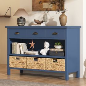 Vintage Console Table with Drawers,Water Hyacinth Woven Baskets,Multi-Color Options,Ideal for Entryway and Living Room (Color: Navy, Material: MDF)