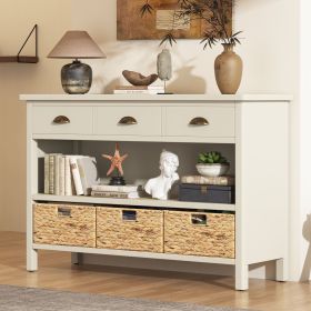 Vintage Console Table with Drawers,Water Hyacinth Woven Baskets,Multi-Color Options,Ideal for Entryway and Living Room (Color: Antique White, Material: MDF)