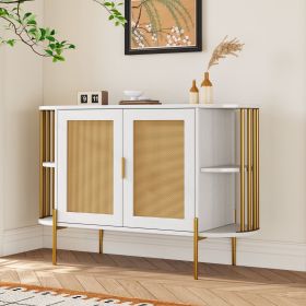 2-Door Elegant Curved Dining Cabinet with Gold Trim and Woven Rattan Doors for Dining Room (Color: White, Material: Particle Board)