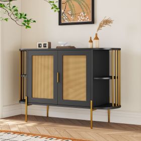 2-Door Elegant Curved Dining Cabinet with Gold Trim and Woven Rattan Doors for Dining Room (Color: Black, Material: Particle Board)