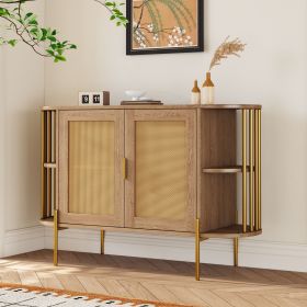 2-Door Elegant Curved Dining Cabinet with Gold Trim and Woven Rattan Doors for Dining Room (Color: Natural, Material: Particle Board)