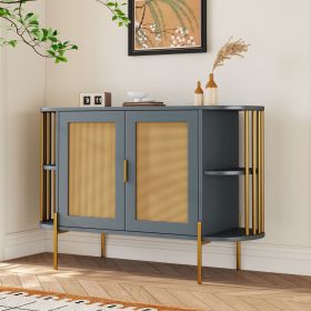 2-Door Elegant Curved Dining Cabinet with Gold Trim and Woven Rattan Doors for Dining Room (Color: Dark Gray, Material: Particle Board)