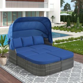 U STYLE Patio Furniture Set Daybed W Retractable Canopy Wicker (Color: Blue)
