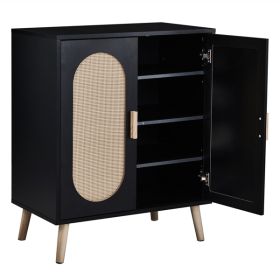 2-door Standing Cabinet Type With High Foot Oval Rattan Shoe Cabinet (Color: Black)